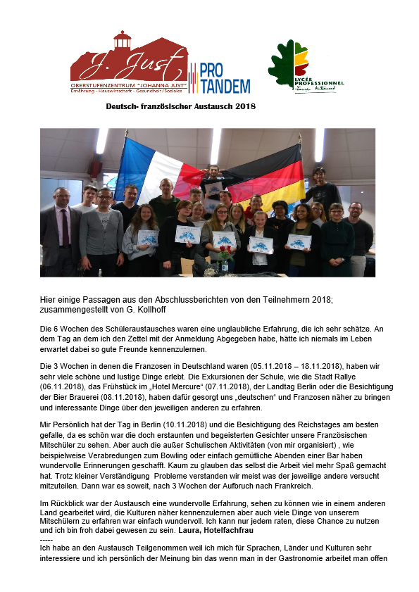 Berichte der Teilnehmer am Deutsch- Französischen Austauschprogramm
