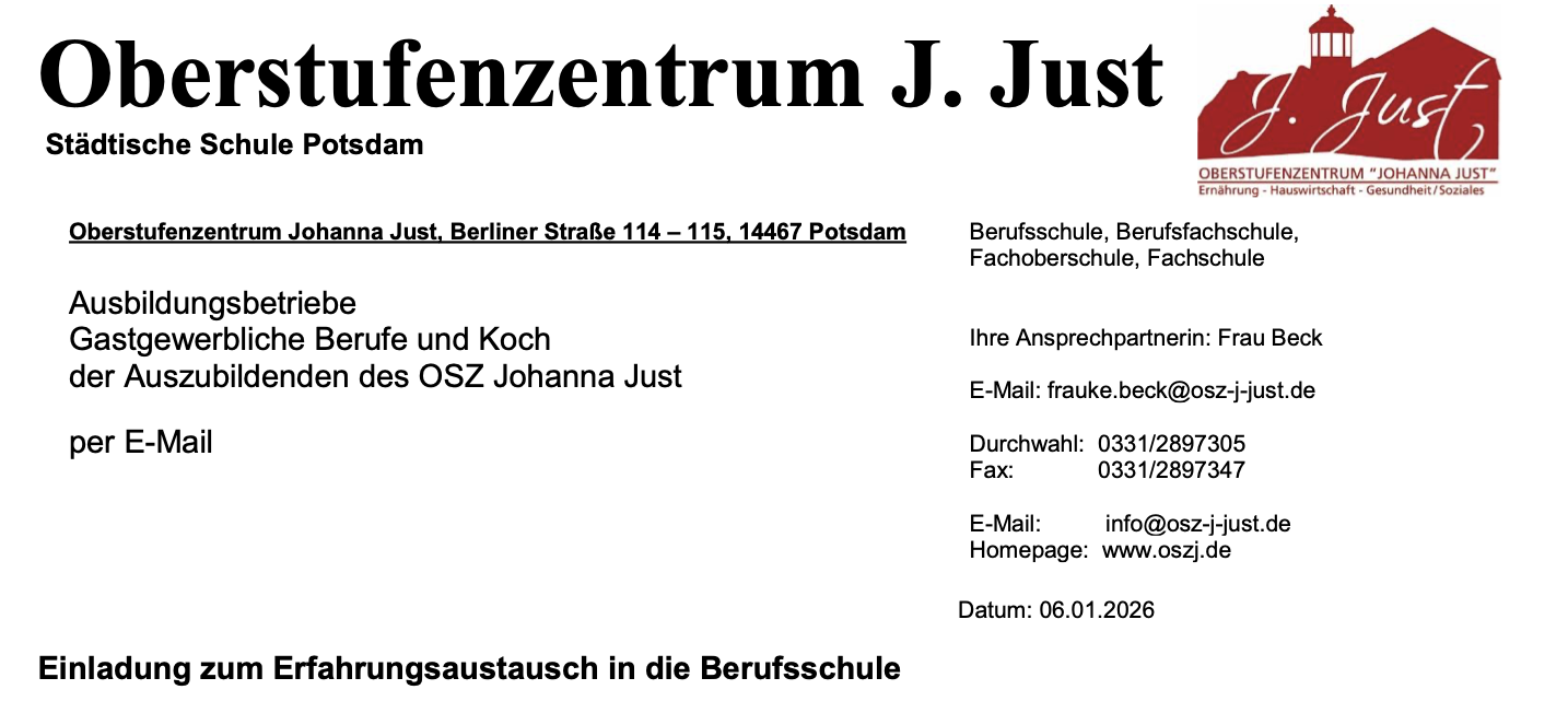 2026 – Einladung der Ausbildungsbetriebe zum Erfahrungsaustausch
